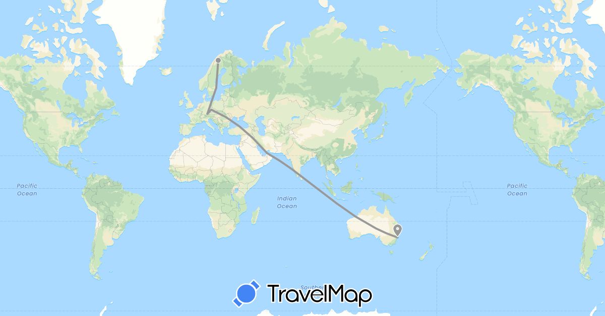 TravelMap itinerary: driving, plane in United Arab Emirates, Australia, Czech Republic, Germany, Sweden (Asia, Europe, Oceania)